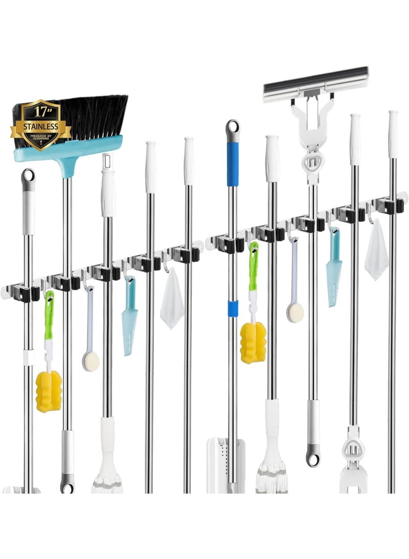 5Holders+4 Hooks  Broom Holder Wall Mounted with Nails Installation, Heavy Duty Stainless Steel Mop Holder, Brush Mop and Broom Storage Self Adhesive - Image 1